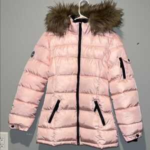 Justice Pink Puffer Jacket with Faux Fur Hood